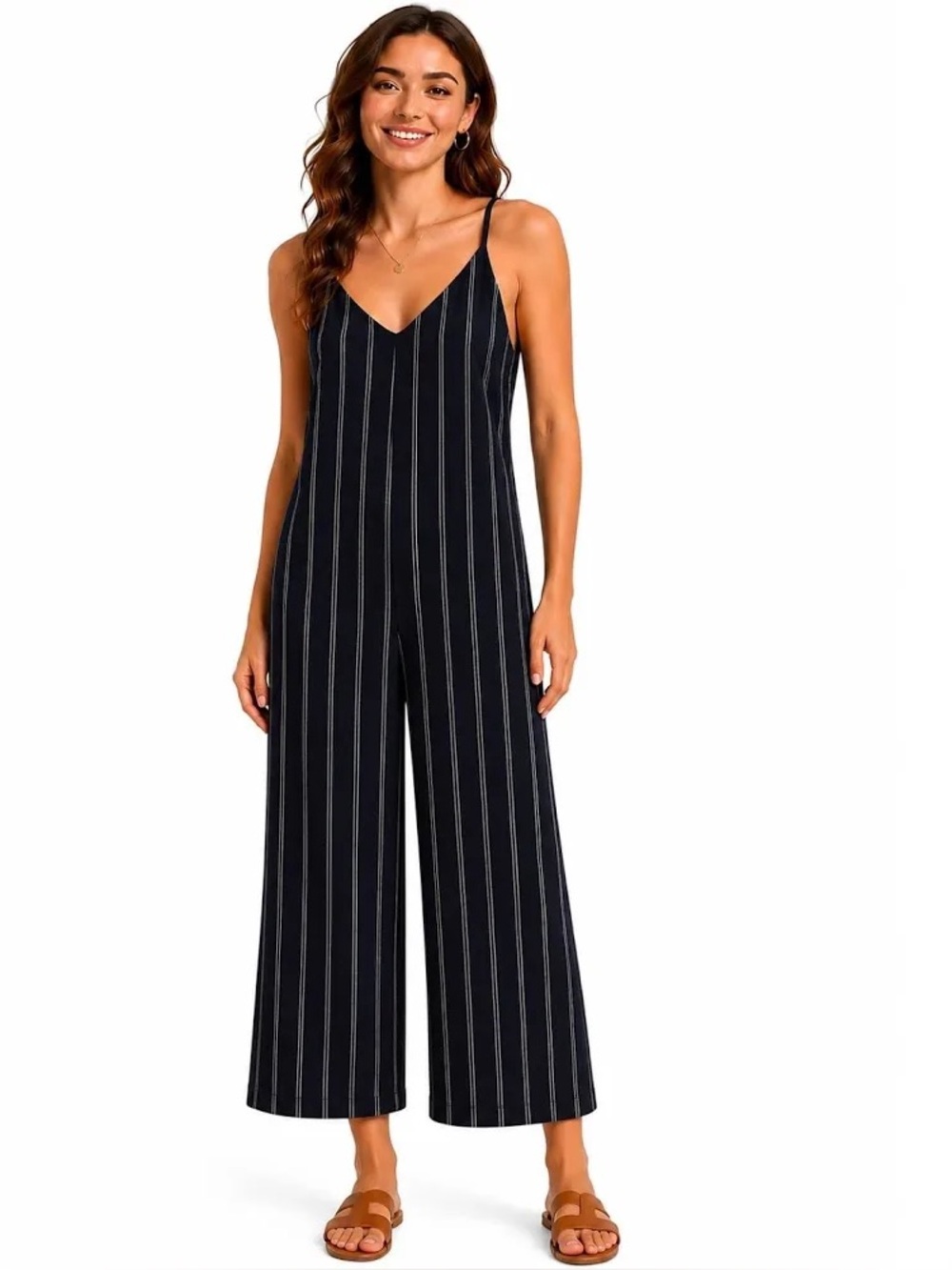 American Eagle Outfitters Black Pinstriped V-Neck Wide Leg Crop Jumpsuit Medium